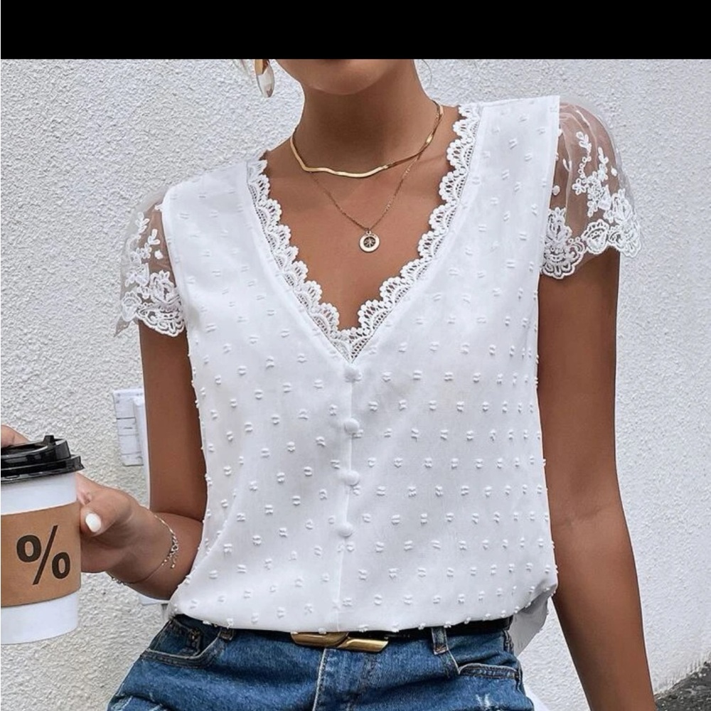 Frenchy Swiss Dot Guipure Lace Detail Contrast Embroidered Mesh Blouse